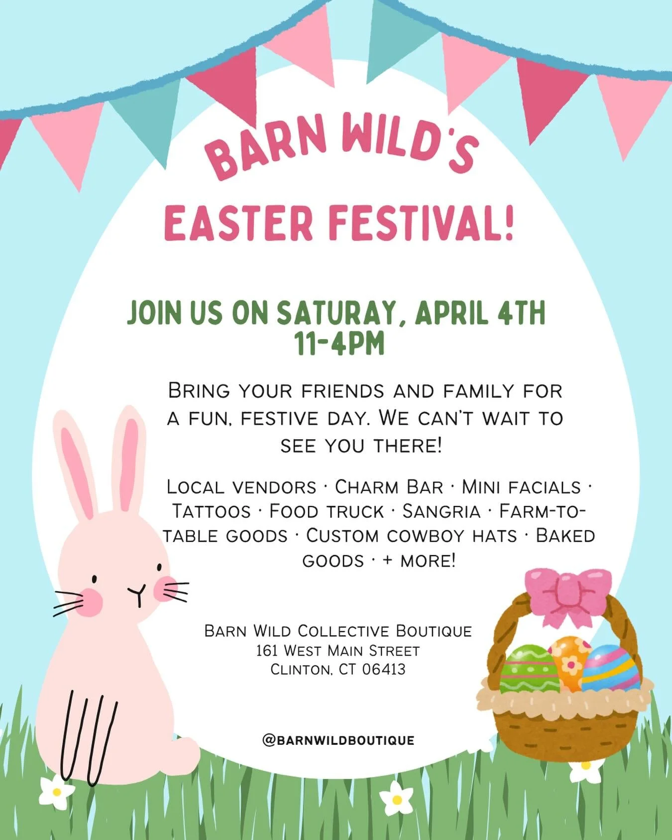 🐰🌸 Barn Wild&rsquo;s Easter Festival is almost here!
Join us Saturday, April 4th from 11&ndash;4 for a day full of shopping, treats, and spring fun 💐
✨ Local vendors
✨ Charm Bar
✨ Mini facials
✨ Food truck + sangria
✨ And so much more!

Grab your 