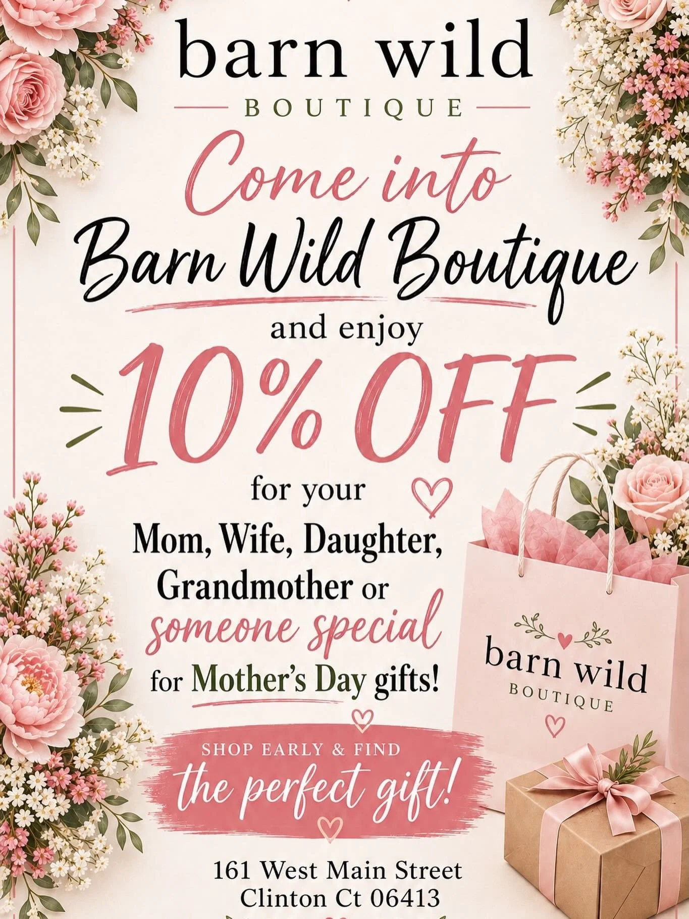 ✨ Stop into Barn Wild Boutique now through Mother&rsquo;s Day! ✨

Find the perfect gift for your mom, wife, daughter, grandmother, or someone special 💐🤍

Enjoy 10% OFF all Mother&rsquo;s Day gifts now through Mother&rsquo;s Day!

📍161 West Main St