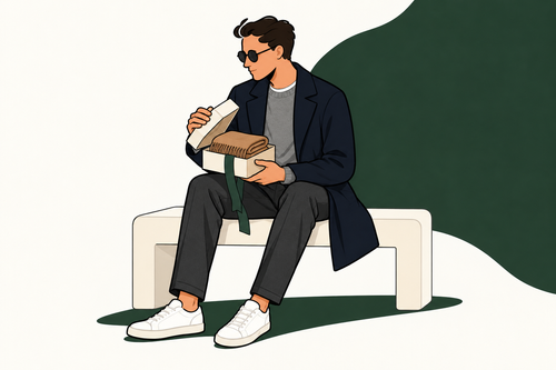 Illustrated man opening a gift box with a camel scarf