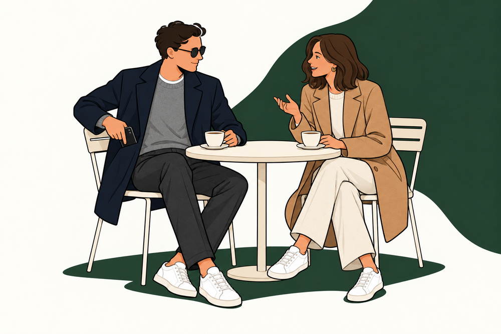Illustrated man putting his phone away while talking with a woman at a café