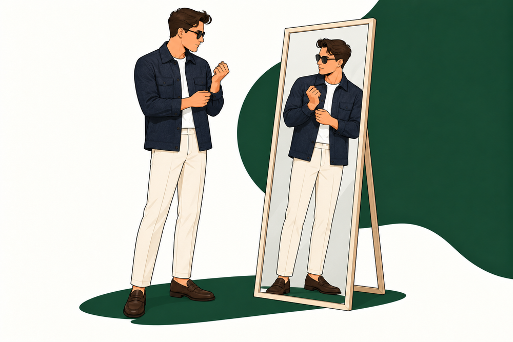 Illustrated man adjusting his navy overshirt cuff while checking his outfit in a full-length mirror