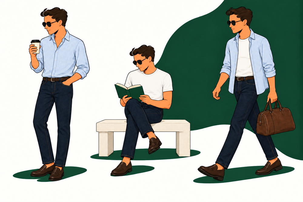 The same illustrated man styling a blue shirt, white tee and dark jeans into three outfits