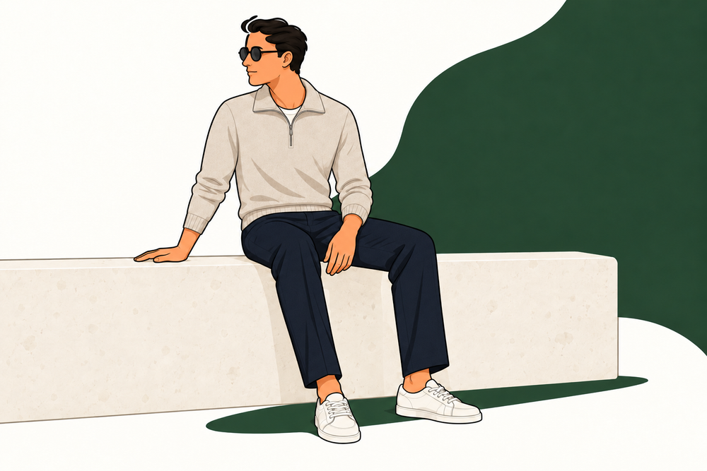 Illustrated man in an oatmeal zip-neck knit and navy trousers sitting comfortably on a cream wall