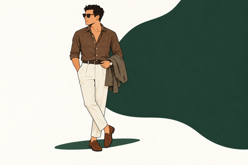 Illustrated man in a brown linen shirt and cream pleated trousers, carrying a tweed jacket