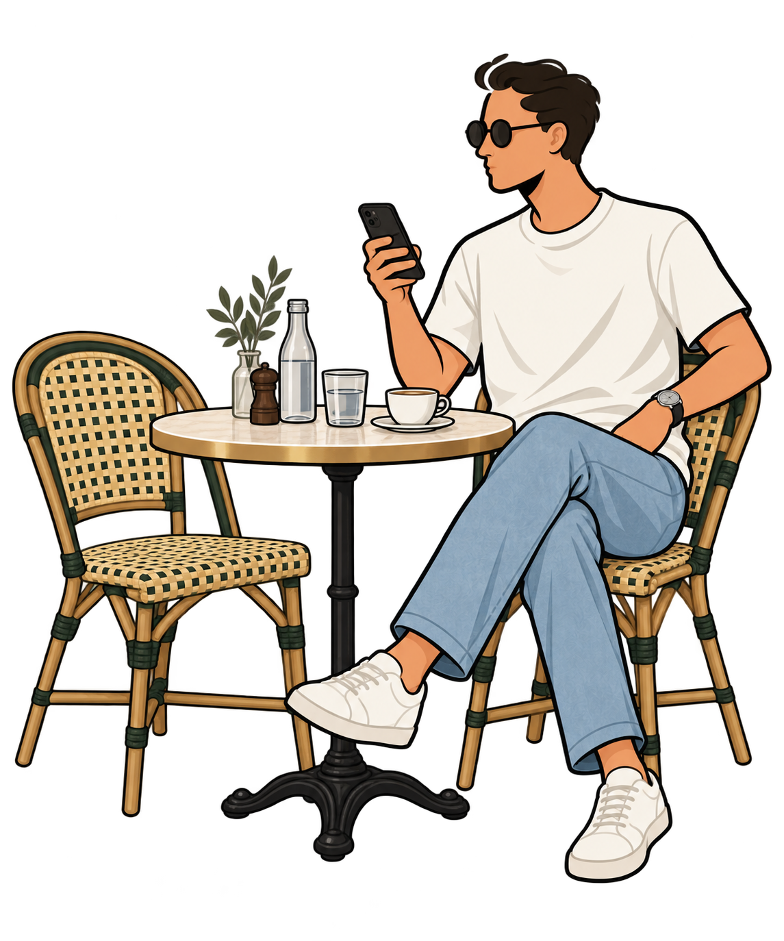 Illustration of a man in a white T-shirt and jeans at a Paris-style café table, checking his phone