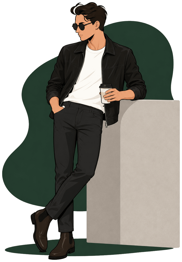Illustrated man in a black jacket, white T-shirt and dark trousers, leaning against a stone wall