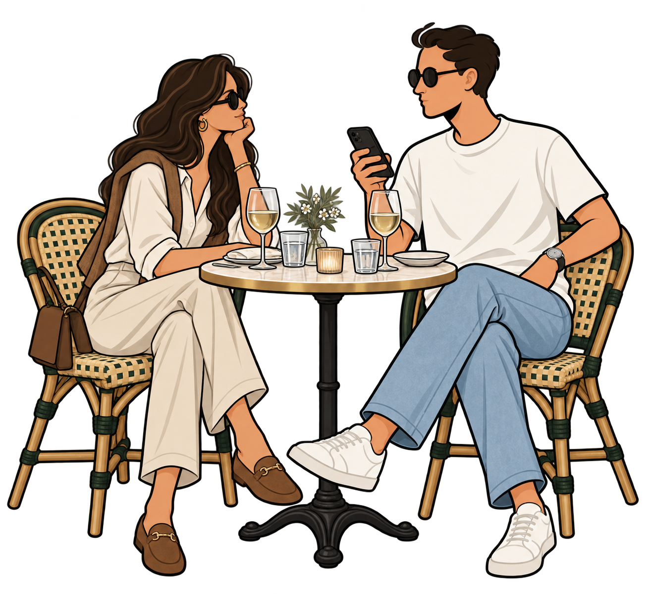 Illustration of a couple at a café table, the man looking at his phone while the woman waits for him