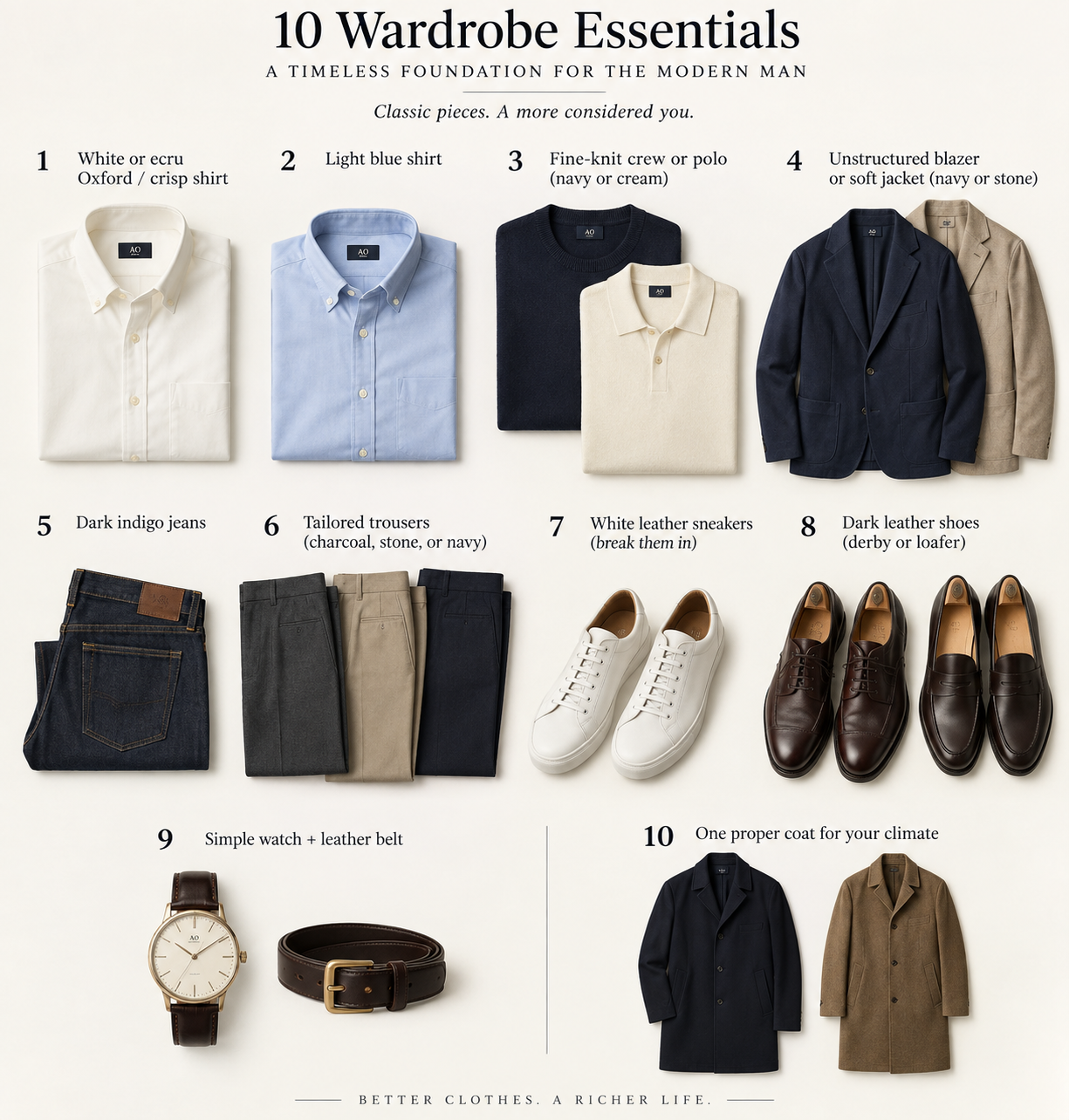 The 10 men's wardrobe essentials: white Oxford shirt, light blue shirt, navy knit and cream knit polo, navy and stone blazer, dark indigo jeans, charcoal, stone and navy trousers, white leather trainers, dark brown derbies and loafers, a simple watch with a leather belt, and a navy or camel overcoat