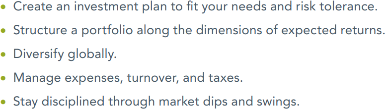 Close-up of a list of investment and portfolio management tips, including creating an investment plan, structuring a portfolio, diversifying globally, managing expenses, and staying disciplined through market fluctuations.