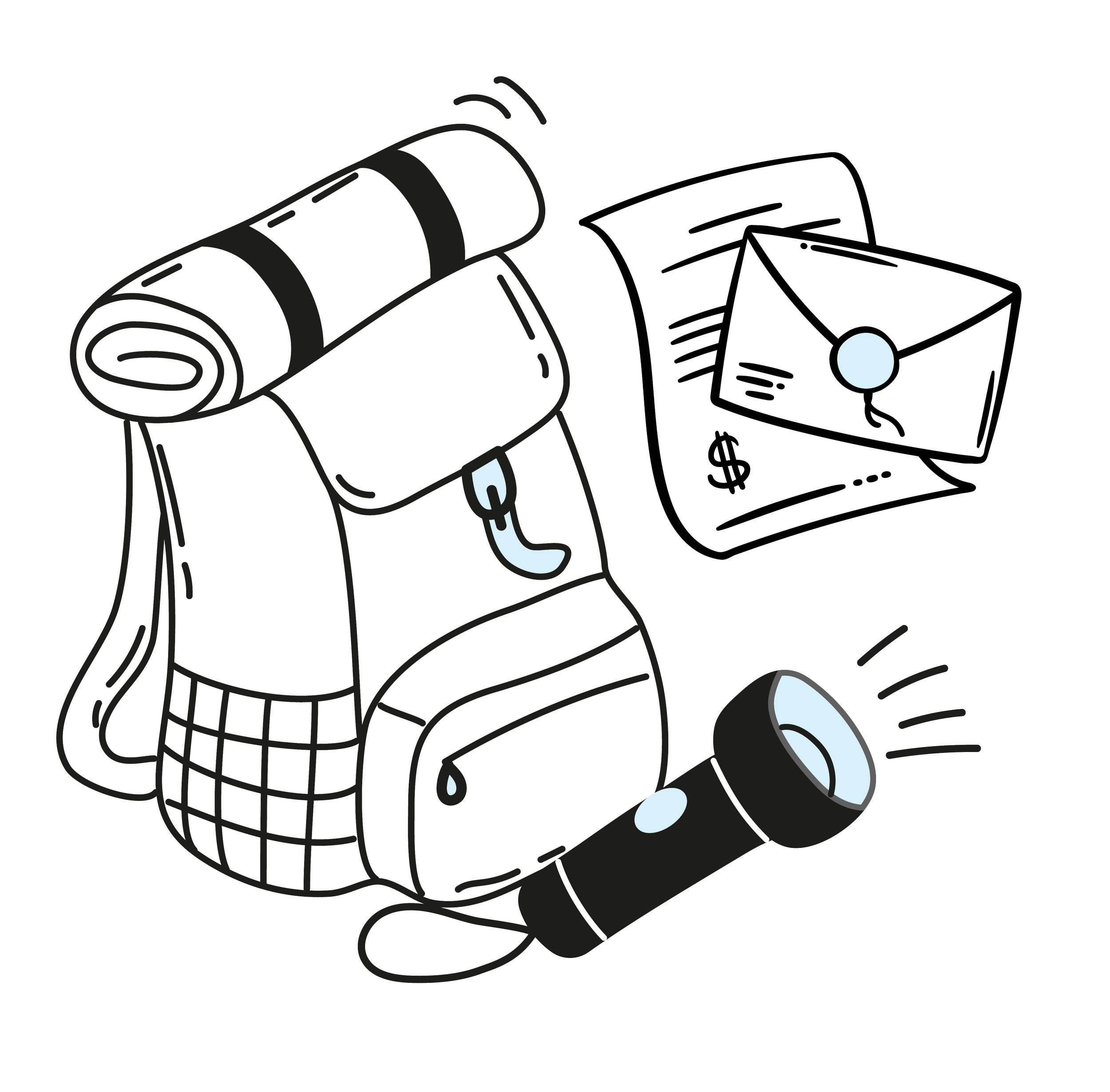 Drawing of a backpack with a rolled sleeping mat, a flashlight, a letter, and a paper with a dollar sign on it.