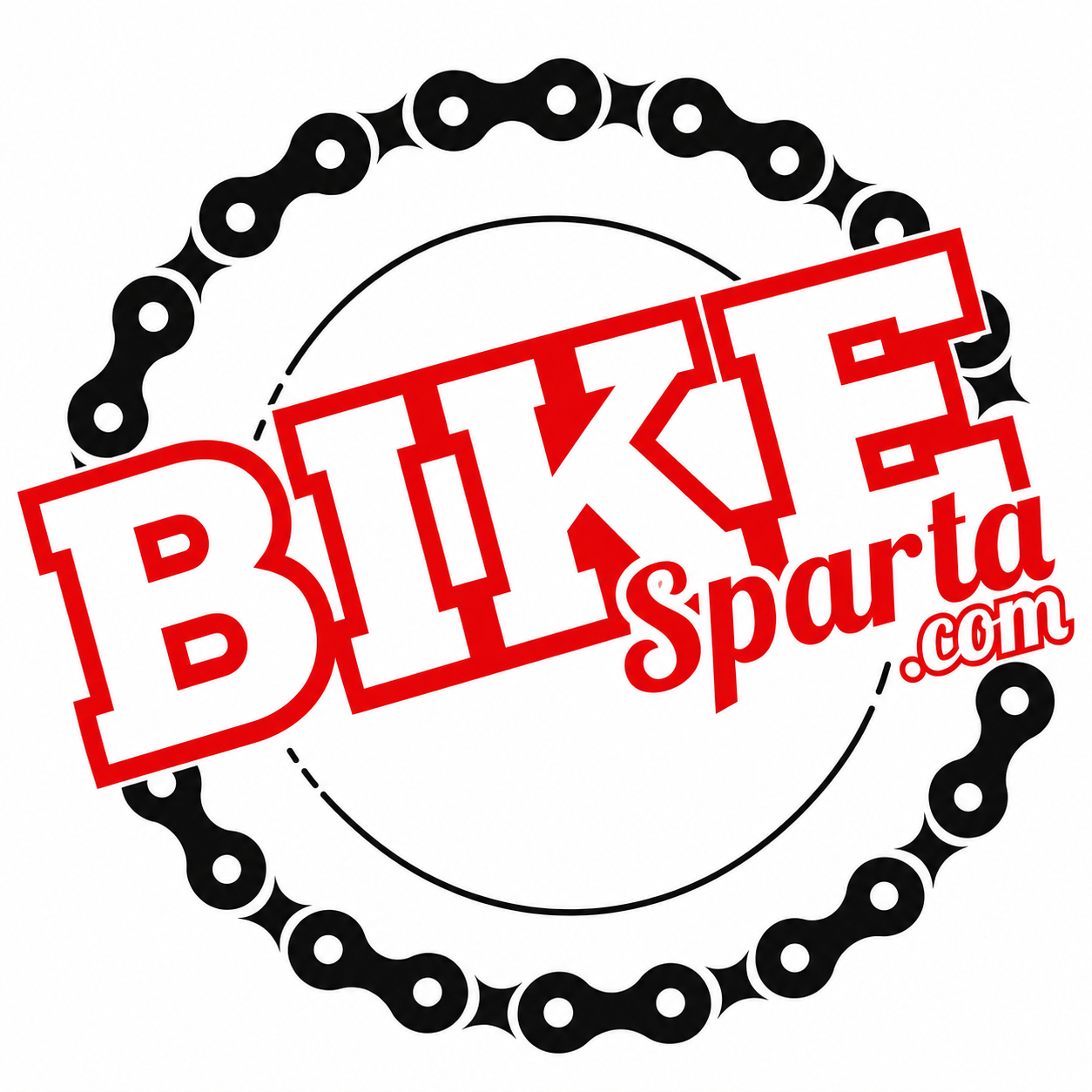 Logo for BikeSparta.com featuring a black bicycle chain circular border and bold red and white text.