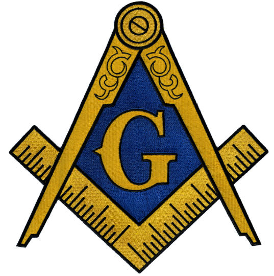 Freemason square and compass emblem with a yellow G in the center on a blue background.