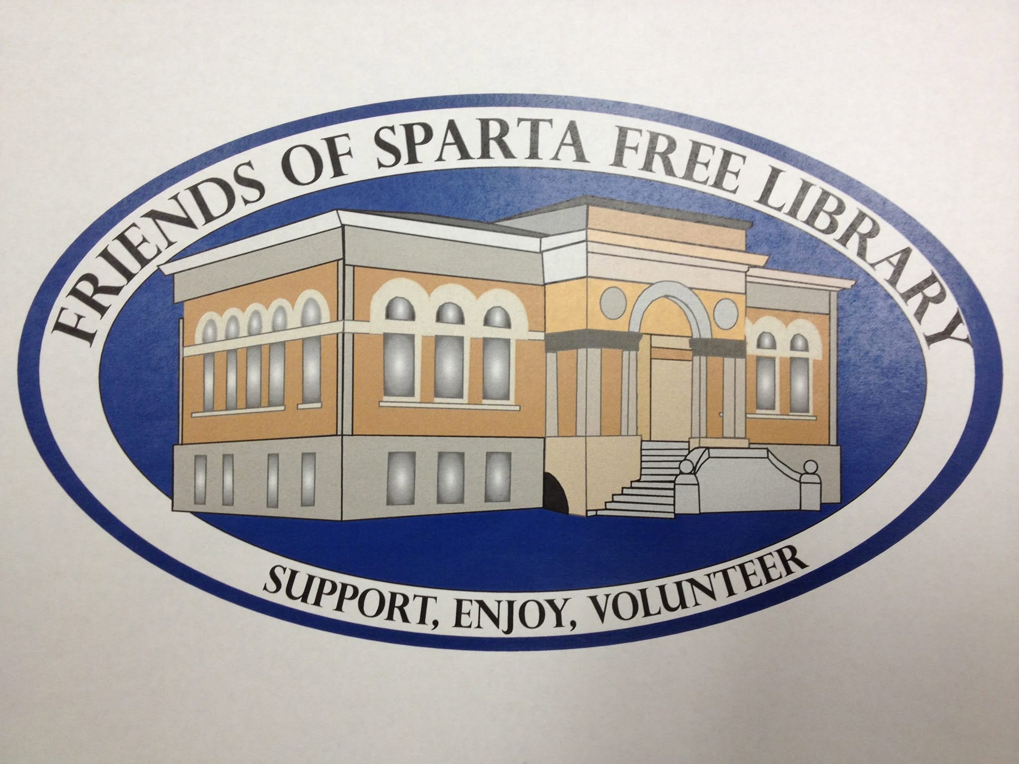 A circular emblem with a building illustration in the center. The building has classical architectural features such as columns and rounded windows. The text around the top of the circle reads "FRIENDS OF SPARTA FREE LIBRARY" and around the bottom reads "SUPPORT, ENJOY, VOLUNTEER." The emblem has a blue border and white background.
