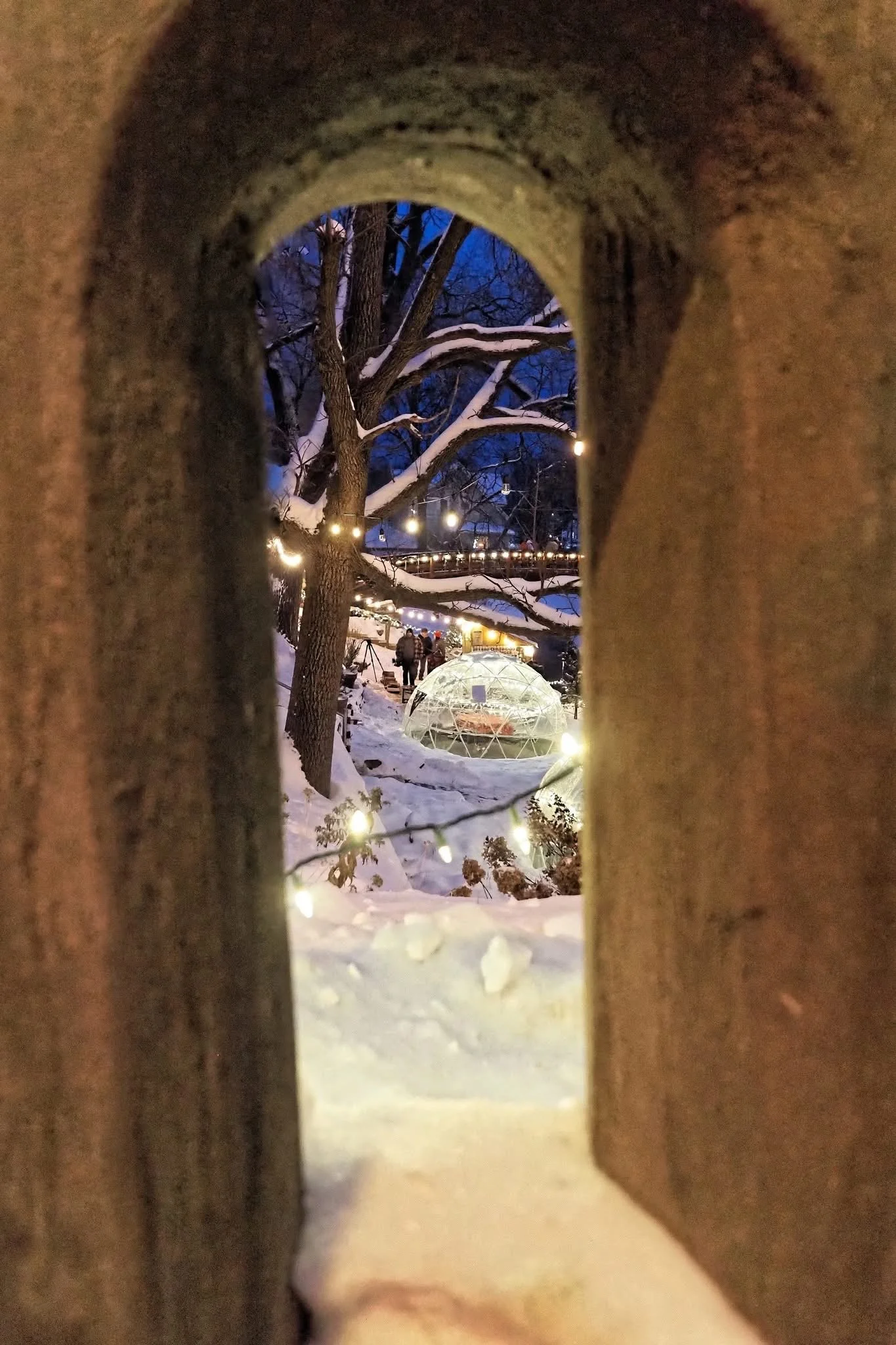 View of a snowy outdoor scene through a small, rectangular opening in a fence or wall, with snow-covered trees, string lights, and some people in the background.