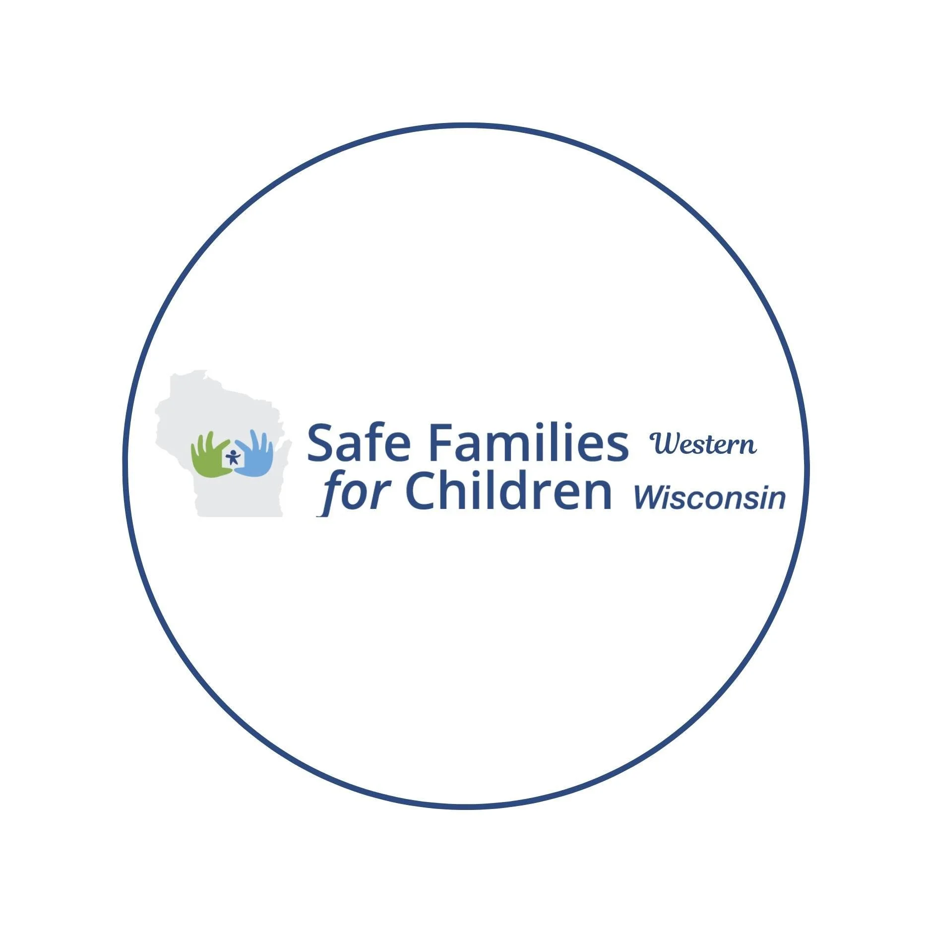 Part of a logo for "Safe Families for Children" featuring a map of Wisconsin with an illustration of two hands, one green and one blue, holding a small child figure. The text includes "Safe Families for Children" and "Wisconsin," with additional words partially visible.