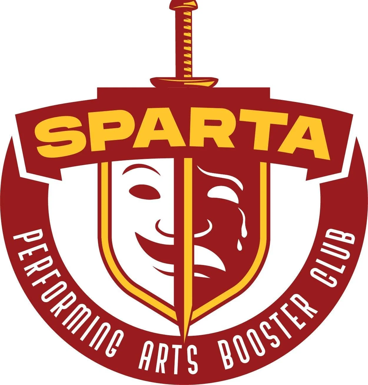 Logo of Spartan Performing Arts Booster Club with a stylized face split into two halves, a sword on top, and the words 'SPARTA' and 'Performing Arts Booster Club' written around the shield.