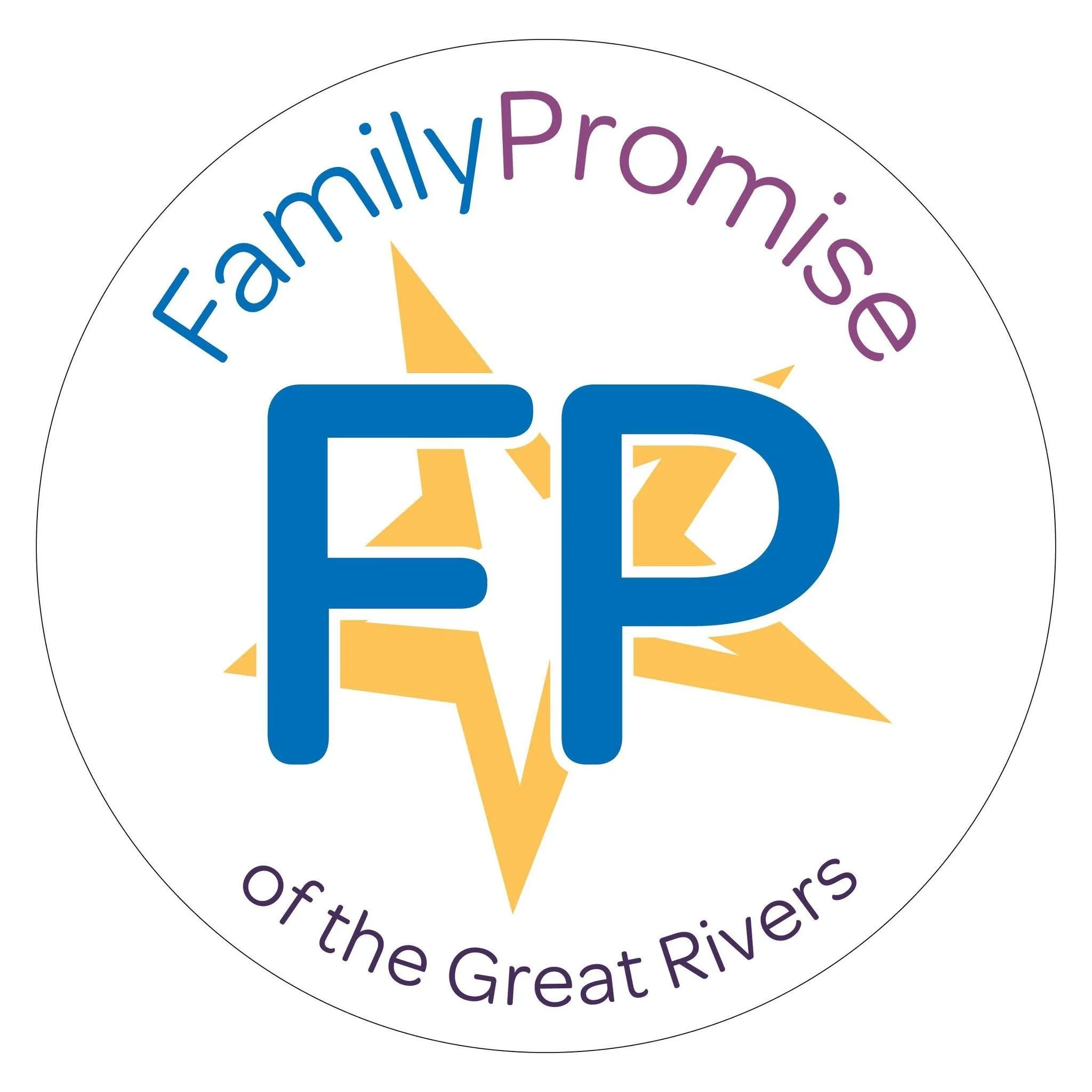 Logo for Family Promise of the Great River, featuring the words 'Family Promise' in blue and purple, with a stylized sun or star in yellow, and 'of the Great River' text beneath.