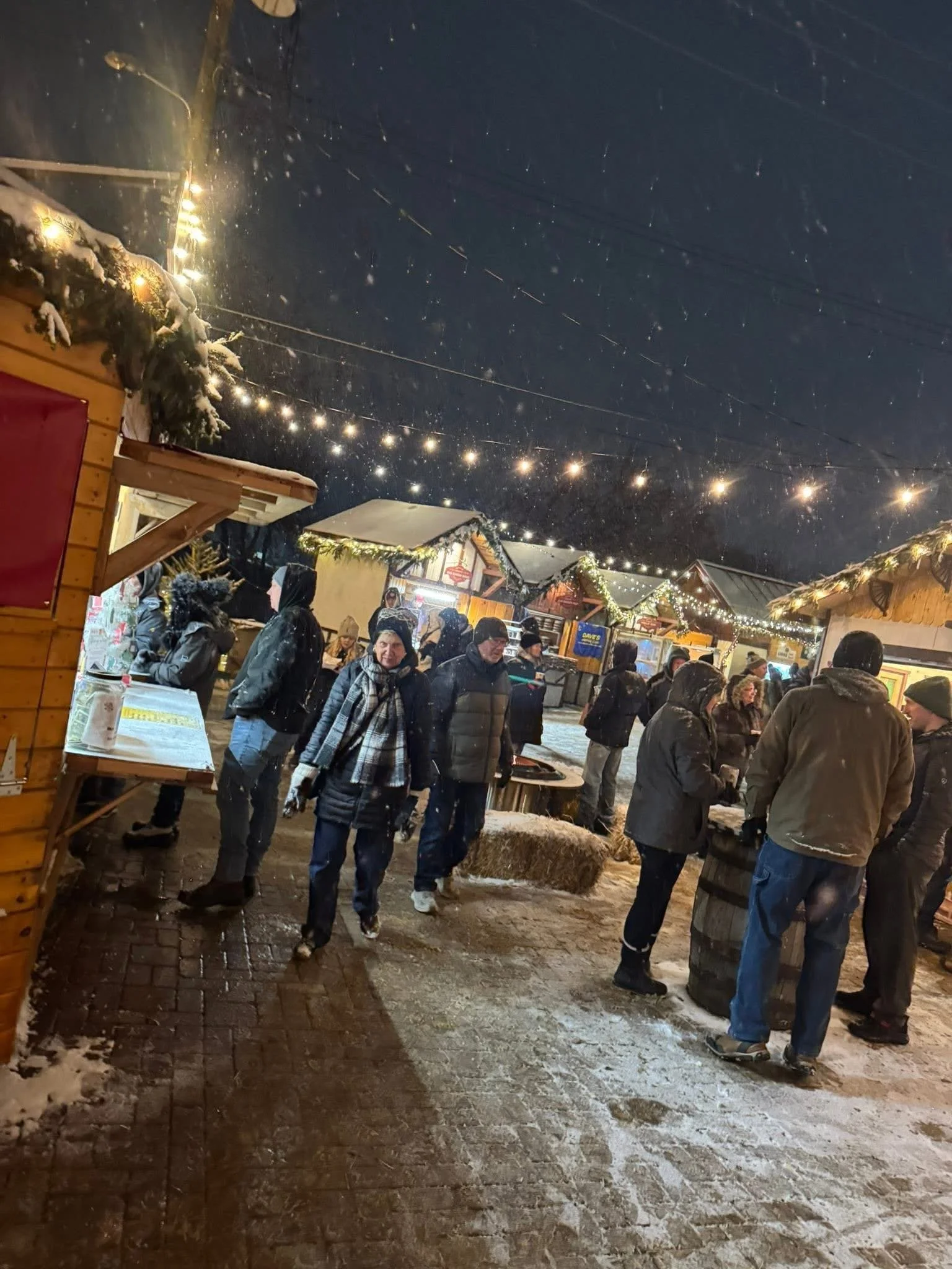 Night scene of a crowded outdoor market or festival with people bundled in winter clothing, snow falling, and string lights overhead illuminating wooden stalls.
