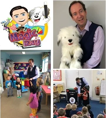 Collage of four images: Cartoon characters from 'Magic Ray' with a dog, a man with a large white fluffy dog, a man entertaining children in a classroom, and a man performing magic tricks for children in a room.