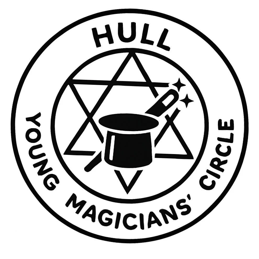 Black and white logo for the Young Magicians' Circle featuring a magic hat, a magic wand, and a pentagram surrounded by the organization’s name.