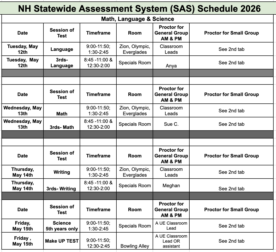 Schedule for the NH Statewide Assessment System (SAS) 2026. It includes dates, test sessions, times, rooms, and proctors for various assessments in Math, Language, Science, and Writing from May 12 to May 15, 2026.