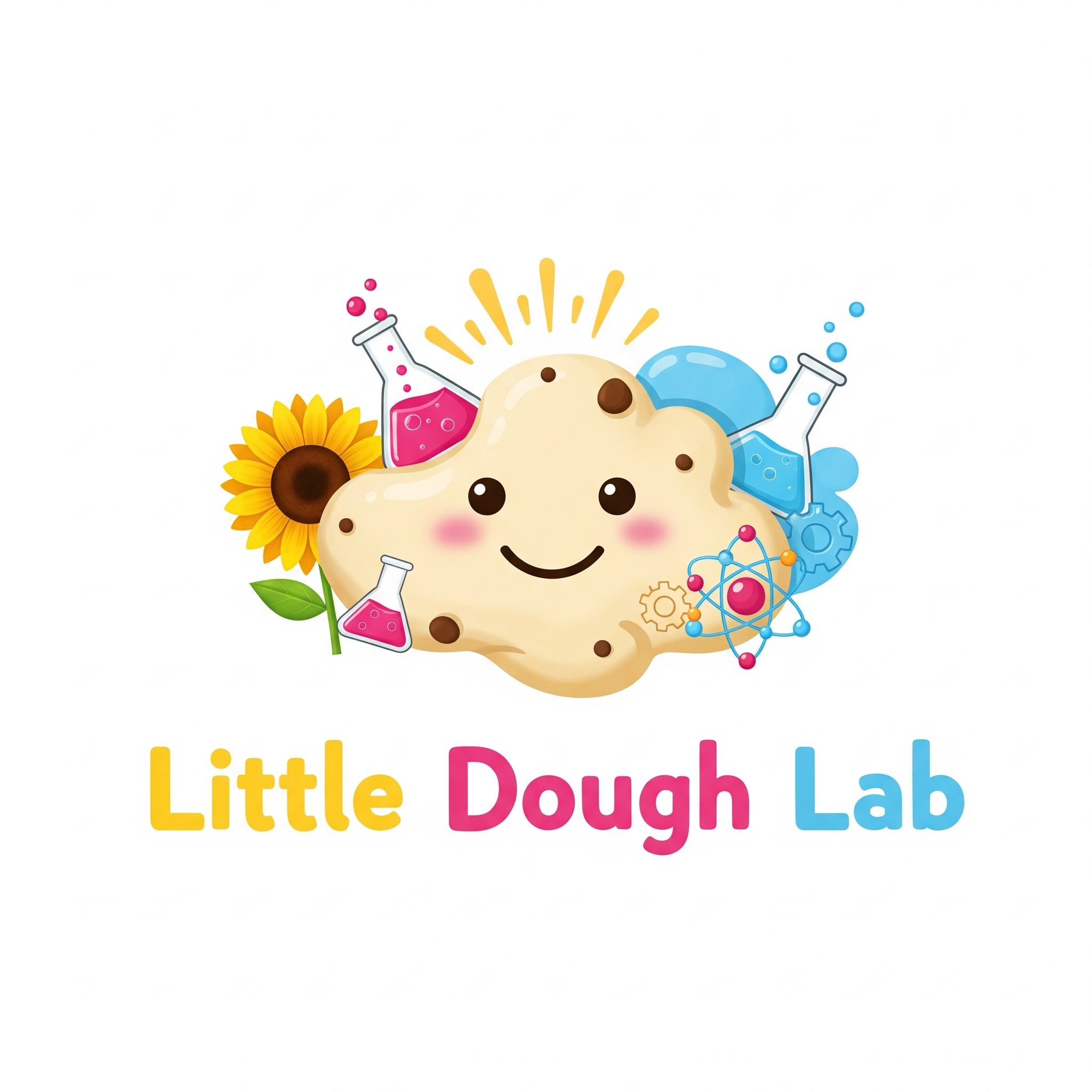 Cute cartoon doughnut with scientific and floral elements, smiling face, surrounding lab equipment, sunflower, and the text 'Little Dough Lab' in yellow, pink, and blue.