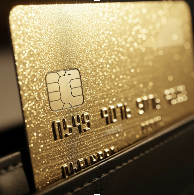 Close-up of a gold credit card with a glittery surface, showing part of the embossed card number and chip, resting on a black surface.