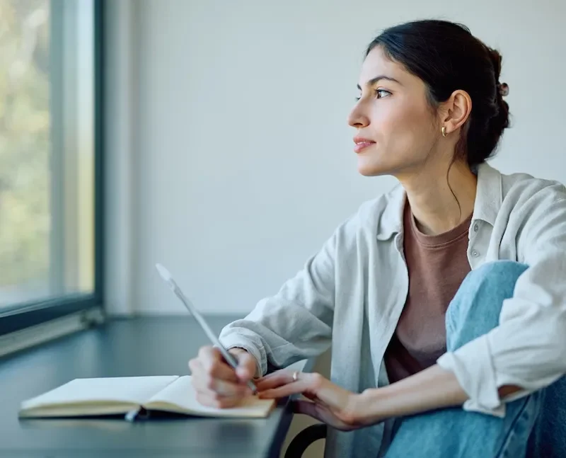 woman writing in journal next to bright window