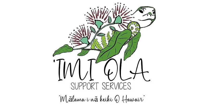 Logo for IMILIOLA Support Services featuring a stylized green chameleon with tropical leaves and flowers, with text in English and Hawaiian.