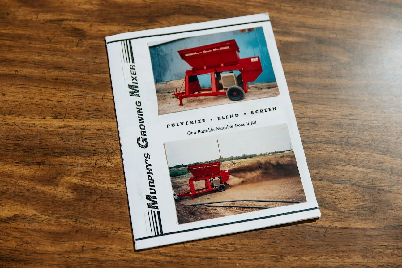 Brochure for a portable machine called Murphy's Growing Mixer, showing images of the red machine pulverizing, blending, and screening soil or gravel on a dirt field.