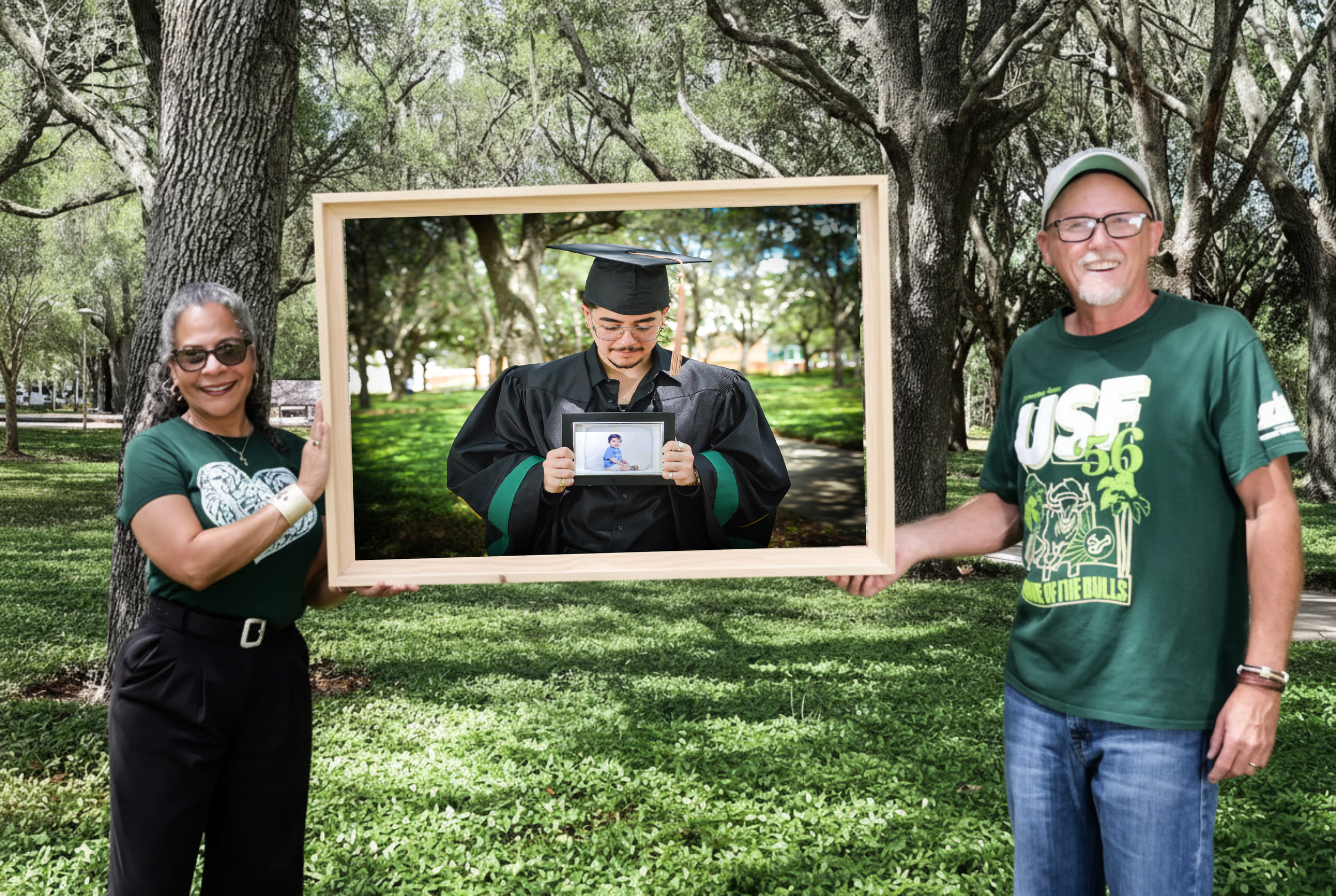 Family celebrating graduation with a photo inside a photo