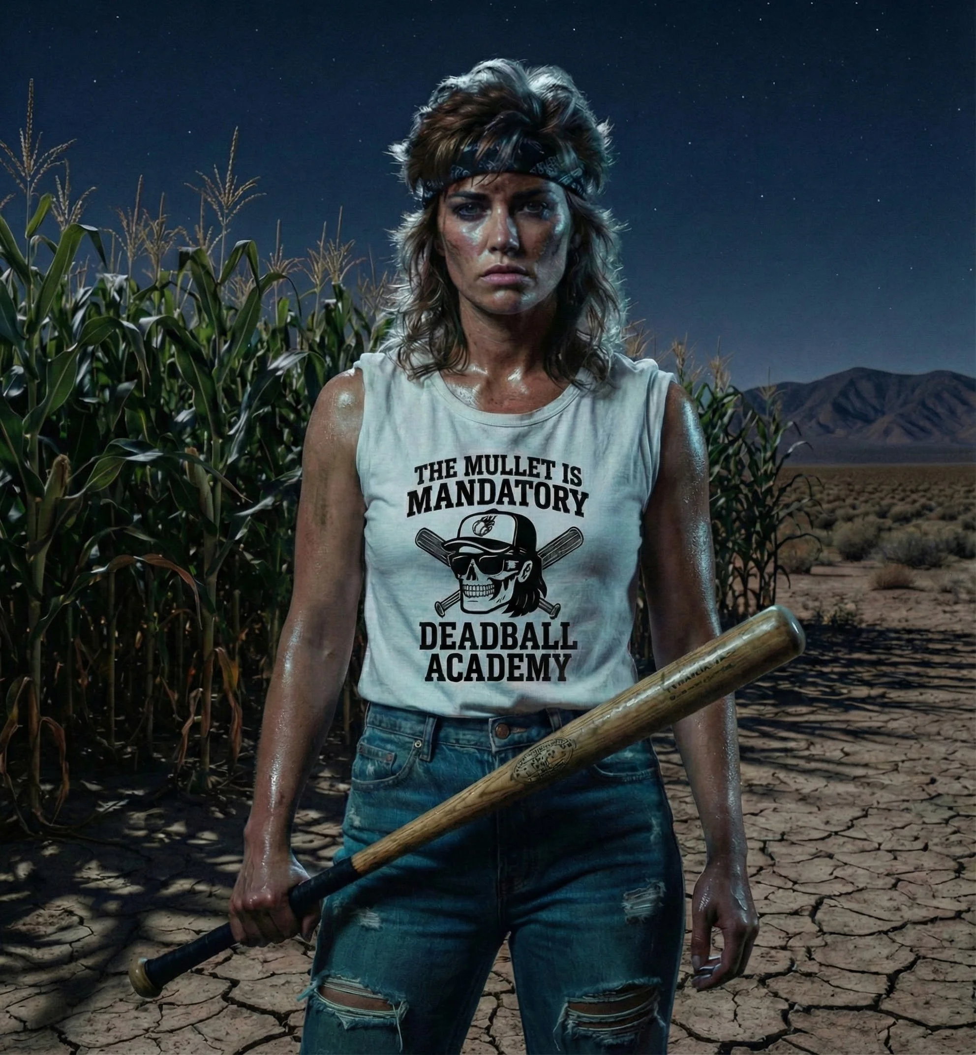 A woman with curly hair and a bandana stands in a dry, cracked desert holding a baseball bat. She wears a sleeveless shirt with a skeleton and text saying 'The Mullet Is Mandatory Deadball Academy' and ripped jeans.