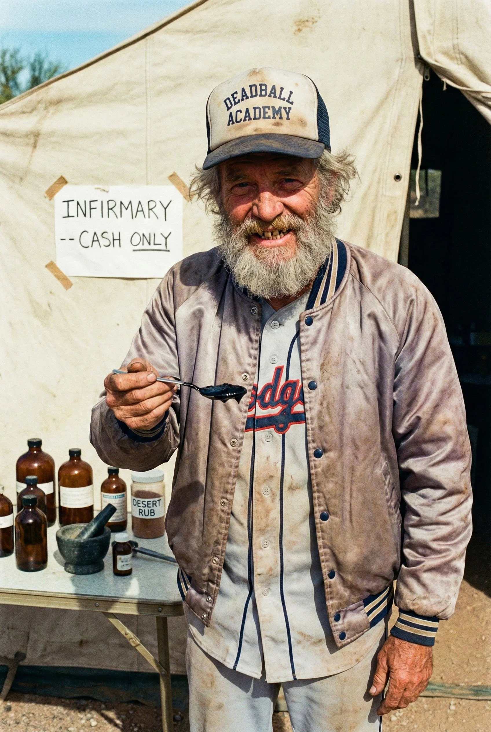 A smiling elderly man with a beard, wearing a vintage baseball jacket and a cap reading 'Deadball Academy', stands outside a tent with a sign that says 'Infirmary - Cash Only'. He holds a spoon with a dark substance, and bottles and a mortar and pestle labeled 'Desert Rub' are on a nearby table.