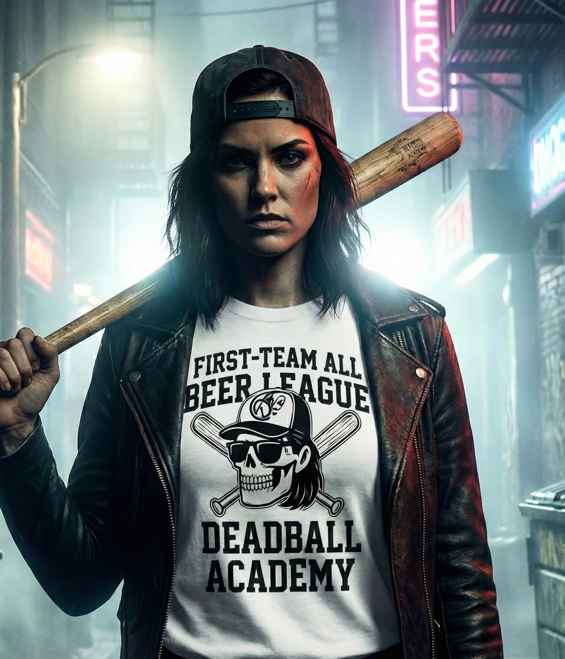 A woman with long dark hair wearing a black backwards cap, leather jacket, and a white T-shirt with a skull graphic that reads 'First-Team All Beer League Deadball Academy,' holding a baseball bat over her shoulder in an urban, neon-lit street scene.