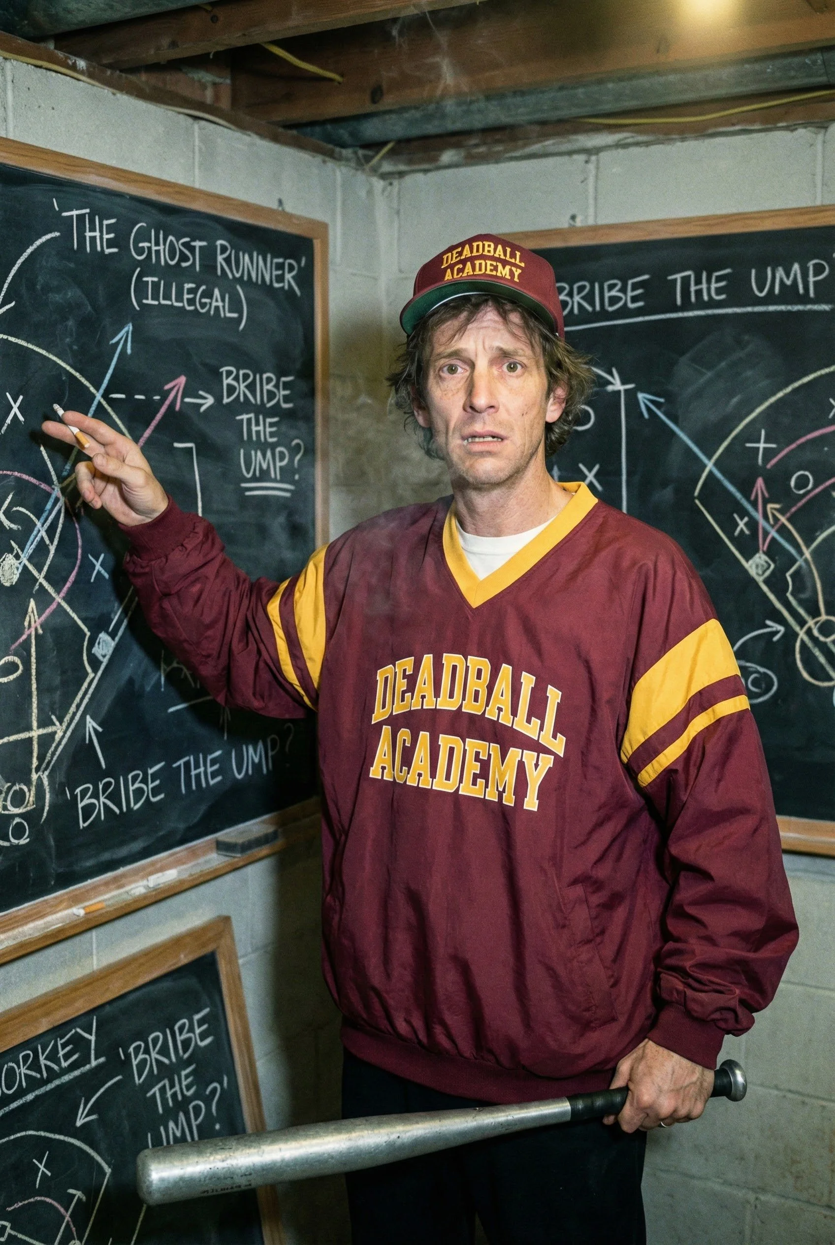 A man in a maroon and yellow football jacket and cap labeled 'Deadball Academy' stands in front of chalkboards, pointing at diagrams and notes related to cheating in sports, notably 'bribe the ump' and 'the ghost runner illegal'.