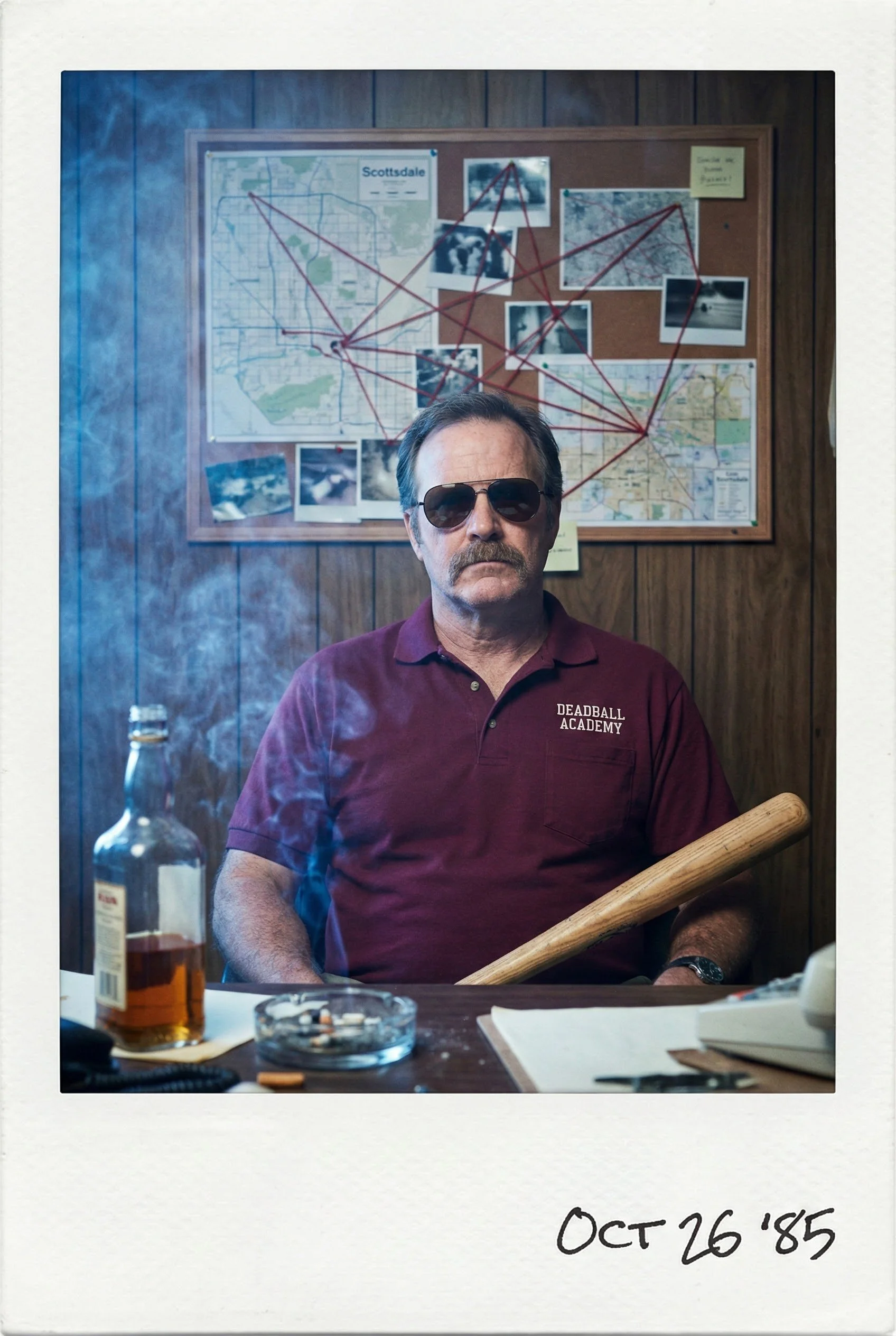 A man wearing sunglasses and a maroon shirt with 'Deadball Academy' embroidered on it, sitting at a desk with a baseball bat across his lap. Behind him on the wall is a bulletin board with maps, photos, and red string connecting various points, suggesting a crime or conspiracy board. There is a bottle of alcohol, a ashtray with cigarettes, a landline phone, and papers on the desk. The photo is dated October 26, 1985.