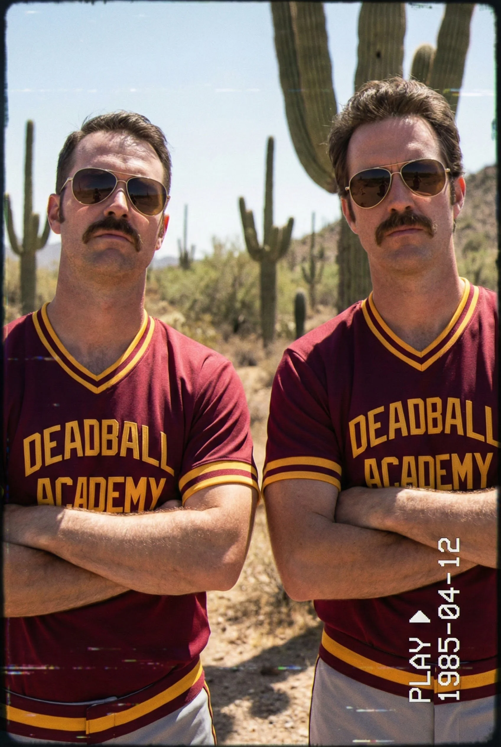 Two men in matching maroon shirts with yellow trim, sunglasses, and mustaches pose with arms crossed in front of a desert landscape with cacti.