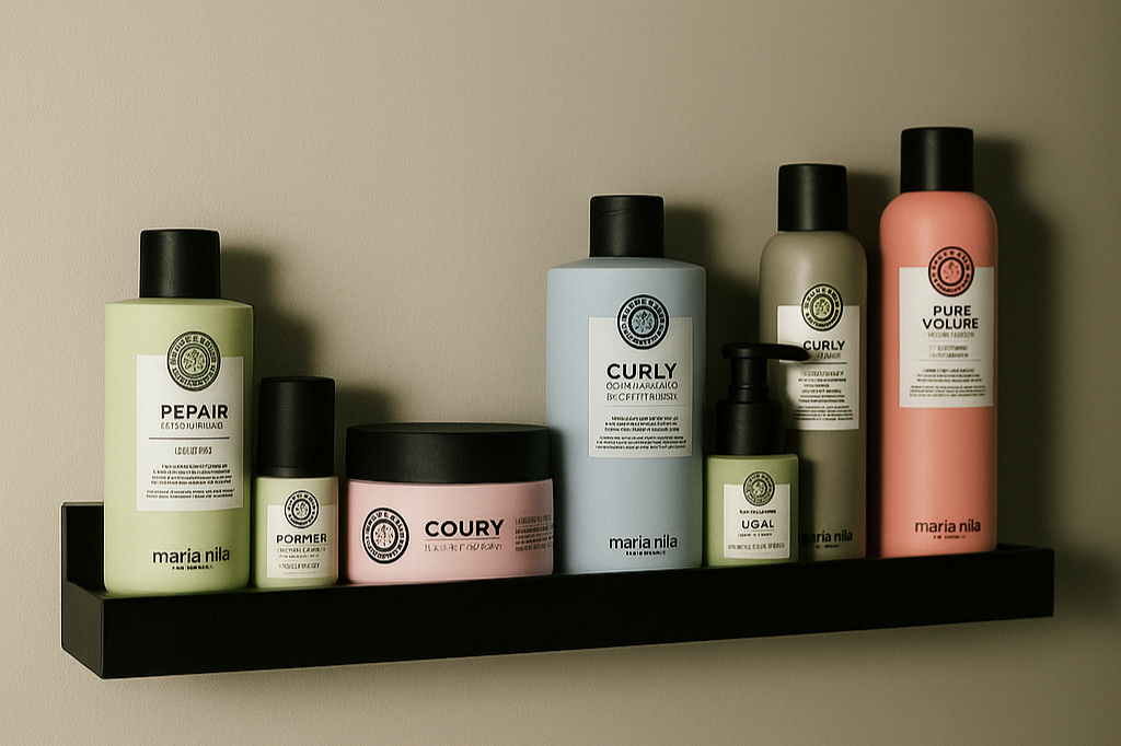 Collection of hair care products on a black shelf.