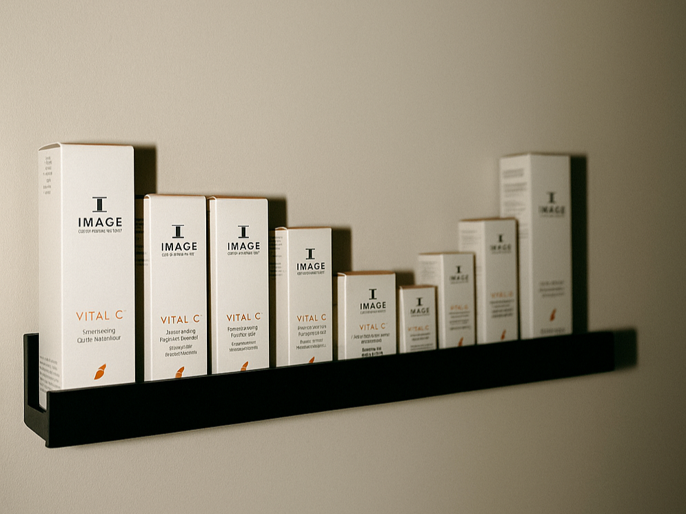 A black shelf mounted on a beige wall, holding multiple boxes of skincare products labeled 'VITAL C' and 'I IMAGE'.