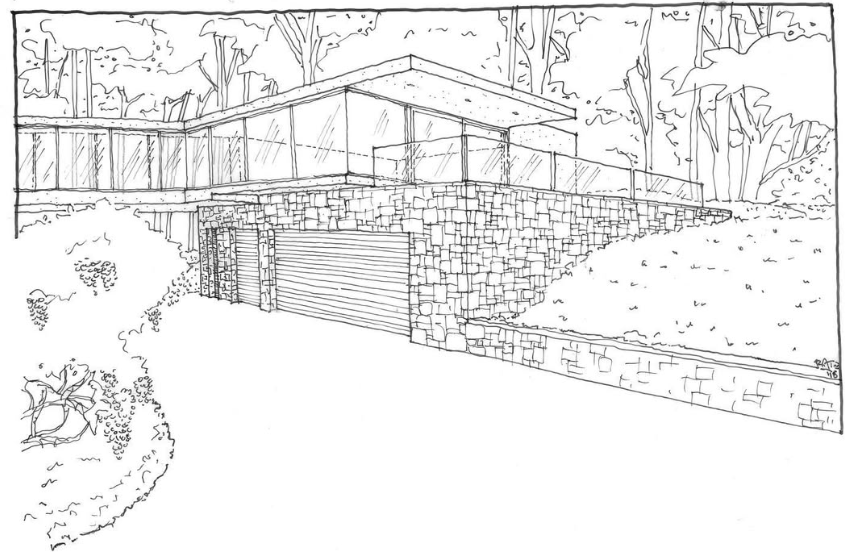 Line drawing of a modern house with large windows, situated behind a stone retaining wall and surrounded by trees and bushes.