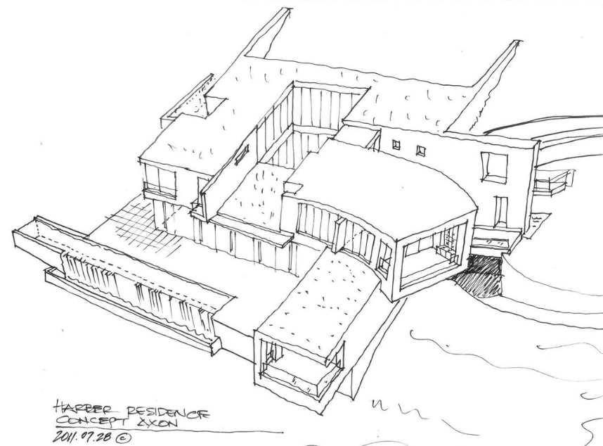 A detailed 3d architectural concept sketch of a modern house, showing various levels, balconies, and outdoor areas.