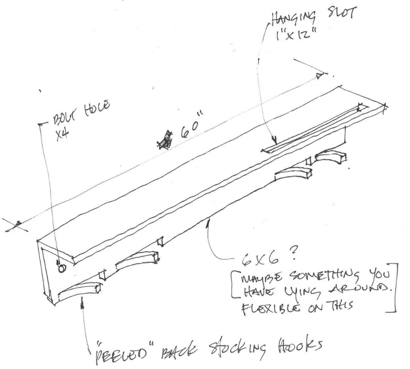 Sketch of a steel shelf fireplace mantel with labeled dimensions, mounting holes, and notes about its size and flexibility.