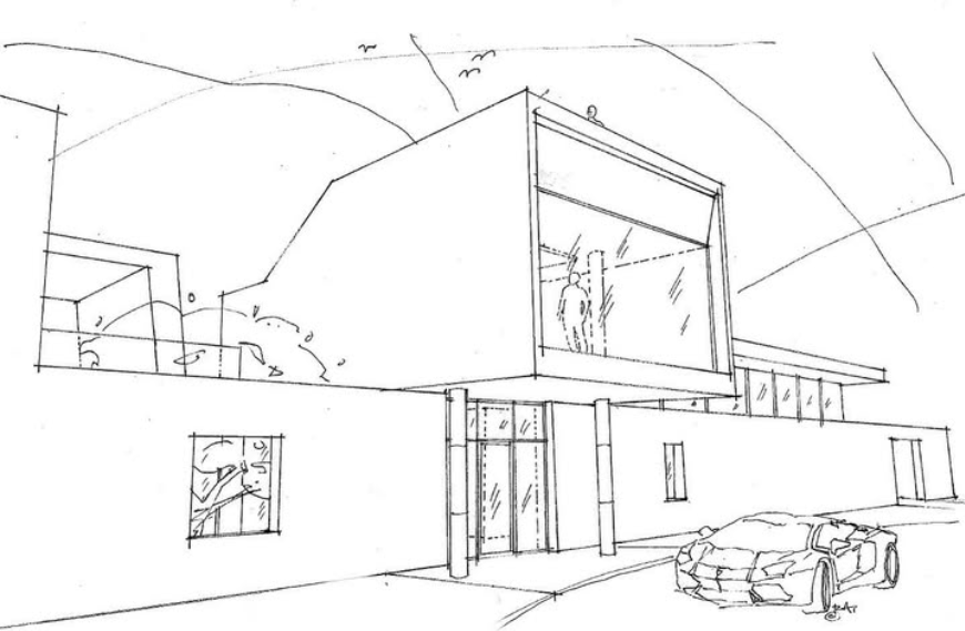 A detailed 3d architectural sketch of a modern house with large glass windows, a garage with a sports car, and a person visible inside through a window.
