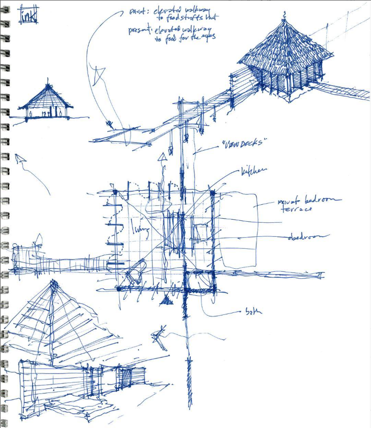 Sketch of a house plan on notebook paper with notes and diagrams of a single story house, including a bedroom terrace, kitchen, living room, and a gazebo on a deck, all drawn in blue ink.
