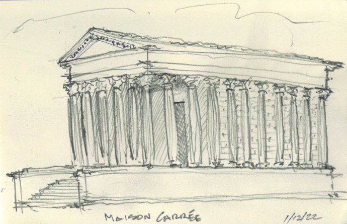 Pencil sketch of the Maison Carree, an ancient Greek temple with tall columns, dated 11/2/22.