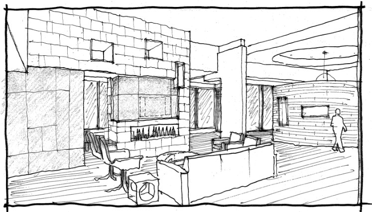 An interior ink sketch of a modern penthouse living room with seating, fireplace, large windows, and a person walking.