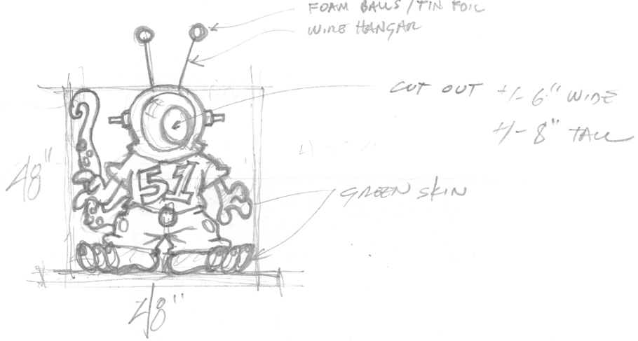 Sketch of a small alien with antennas, wearing a jersey with the number 51, standing with a curious expression, hand drawn with notes about dimensions and materials.