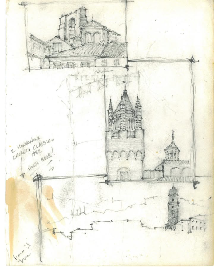 Various pencil sketches of the buildings and towers in Siena, Italy, including a prominent castle-like tower, with handwritten notes in Italian.
