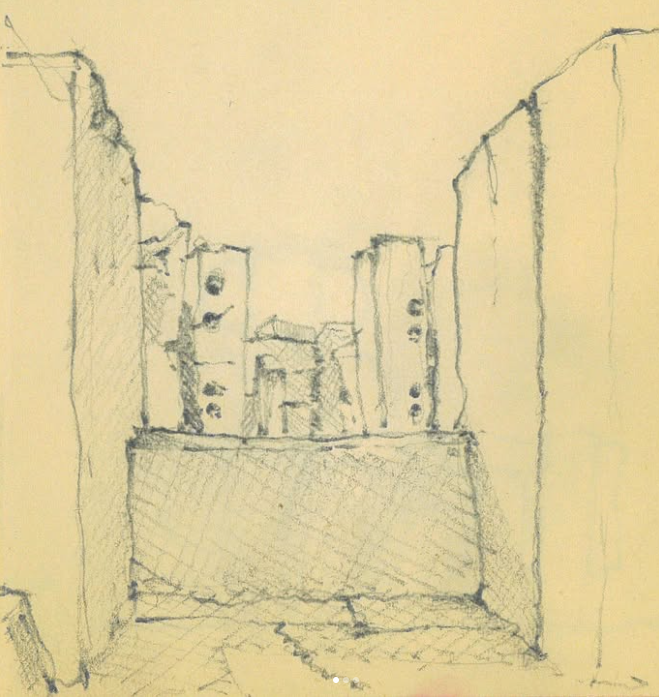 A pencil sketch of Tarxien Temple, a megalithic temple structure in Malta