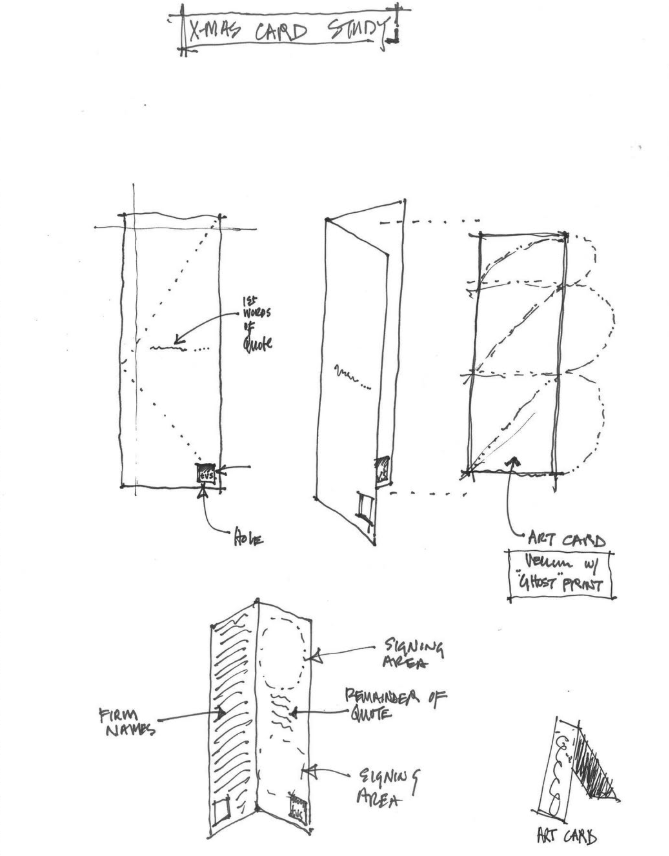 Hand-drawn sketches of a Christmas card concept, including designs with art cards, and display sections for firm names, signage areas, and the remnants of quotes.
